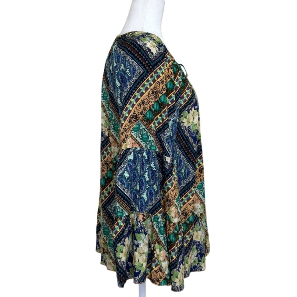 Johnny Was JADE Miza Patchwork Blouse Peasant Boho Top Long Sleeve Tassel Size S - Picture 3 of 8